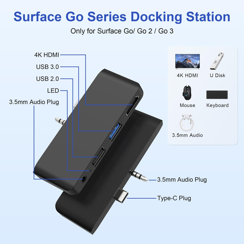 Surface Go Accessories HDMI Adapter for Microsoft - Surface Go/Go 2/Go 3 Docking Station with 4K HDMI + USB 3.0/2.0 Port + 3.5mm Audio Adapter, Dock Hub for Surface Go External Mouse and Keyboard