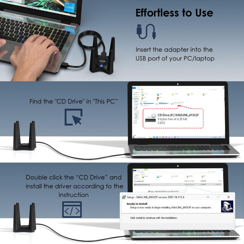 USB WiFi 6E Adapter for Desktop PC, AX5400 Triple Band Wireless Network Adapter with 2.4GHz/5GHz/6GHz High Gain Antennas, MU-MIMO, OFDMA, WPA3, Windows 10/11