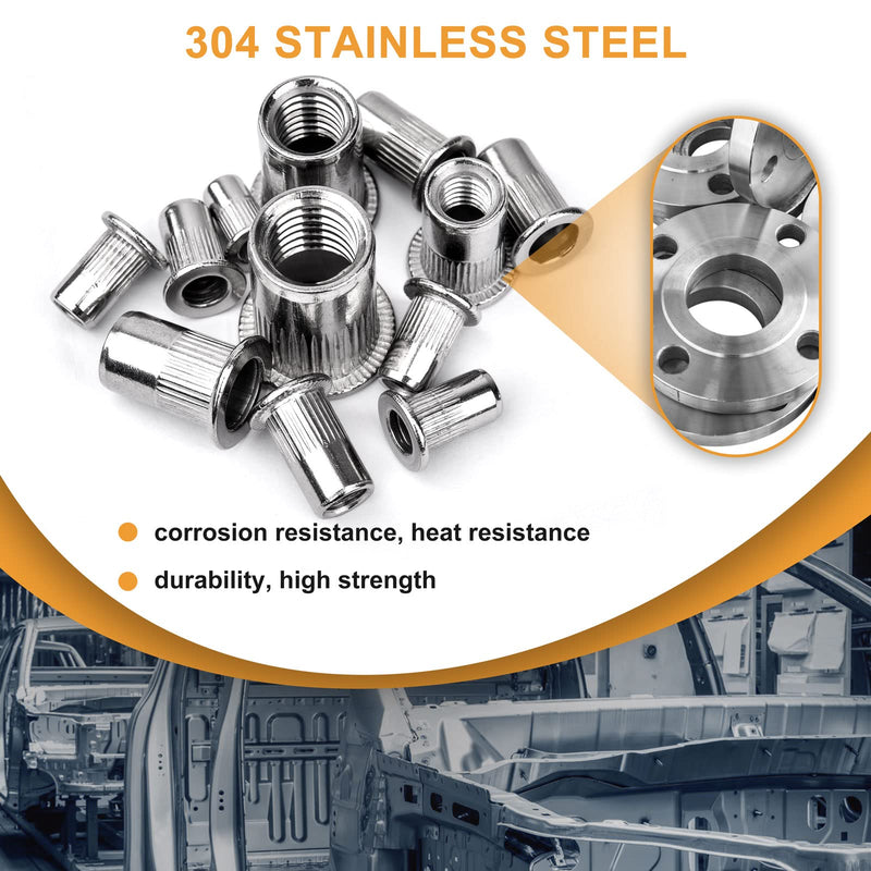 SAE Rivet Nuts Assortment, VIGRUE 185pcs #8-32#10-24 1/4"-20 5/16"-18 3/8"-16 304 Stainless Steel Nutserts Rivnuts Kit, Flat Head Threaded Insert Nut Assort 5 SAE Sizes (185 Pieces)