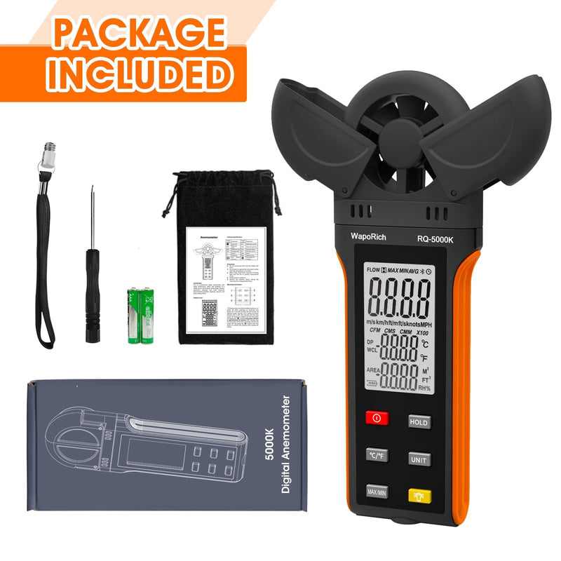 Anemometer Anemometer, WapoRich Digital Anemometer Handheld Wind Speed Meter Gauge Measures Humidity/Temperature/Wind Speed with MAX/MIN/AVG for HVAC, Sailing, Surfing, Drone RQ-5000K