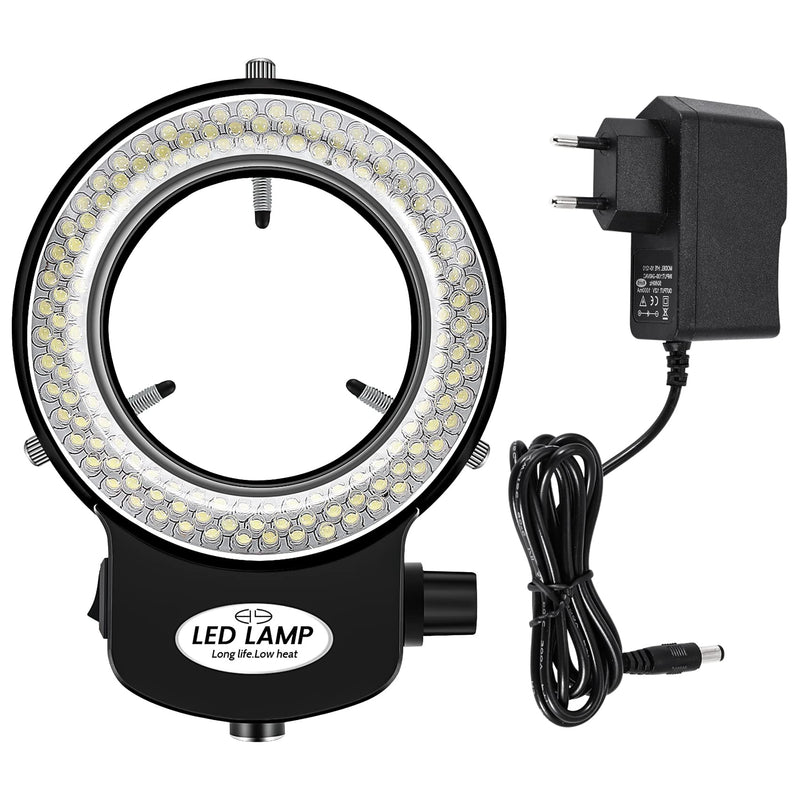 LED Microscope Ring Light, Optical Stereo Microscope Ring Light, 0-100% Brightness Adjustable, 6000 K Super Microscope Camera Lamp with 144 LED Beads, Jewelery Repair Lamp (EU Plug, Black)