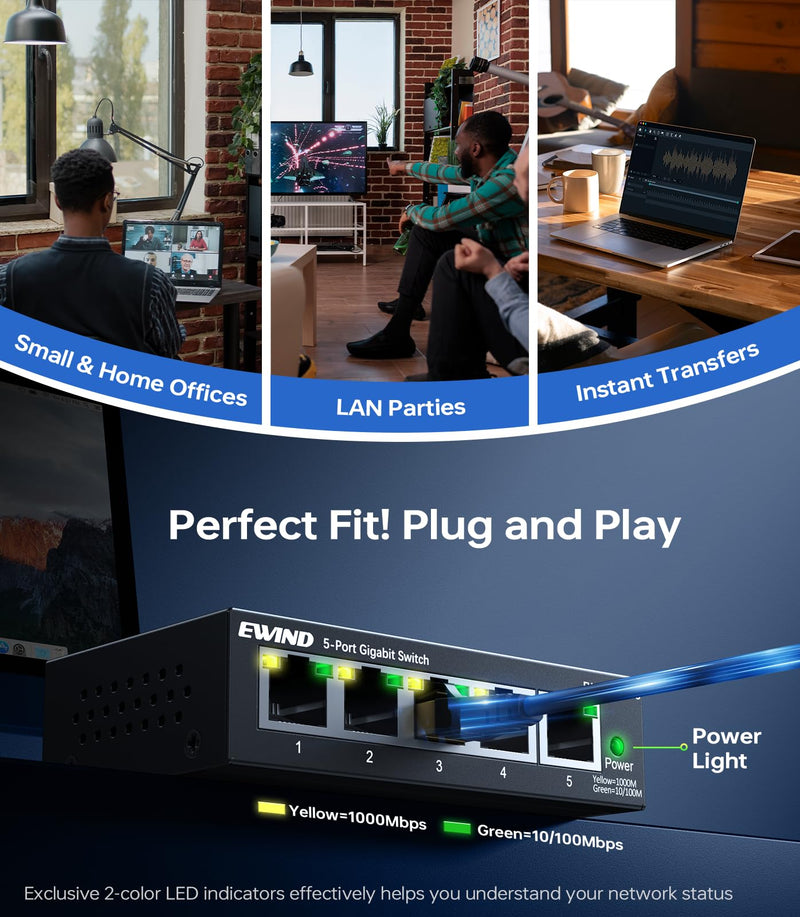 EWIND 2025 Upgraded 5 Port Gigabit Ethernet Switch with LED&VLAN Isolation, Lifetime Protection, Plug & Play Unmanaged Network Switch, Fanless Quiet, Desktop/Wall Mount Metal Ethernet Splitter 5 Port | 1G Enhanced Features