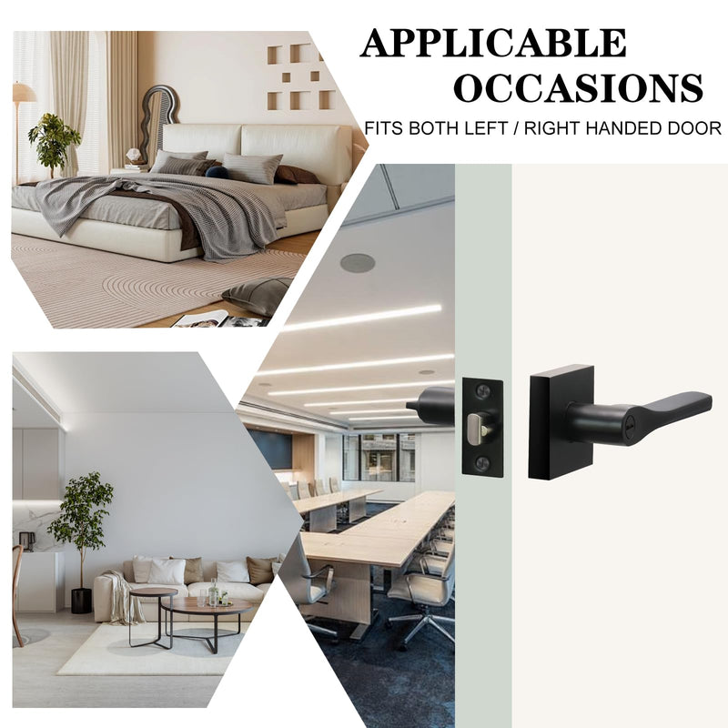 JO.KO Matte Black Door Knob, Interior Privacy Keyless Entry Door Lock, Square Style Reverisble Door Handles, Heavy Duty Door Levers for Bedroom Bathroom Doors 1 Pack Matte Black Tapered Keyless
