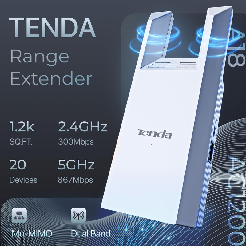 Tenda WiFi Range Extender AC1200, Dual-Band867Mbps 5GHz/300Mbps 2.4GHz, WiFi Booster Suitable for Every House, One Ethernet Port(A18 V4.0)