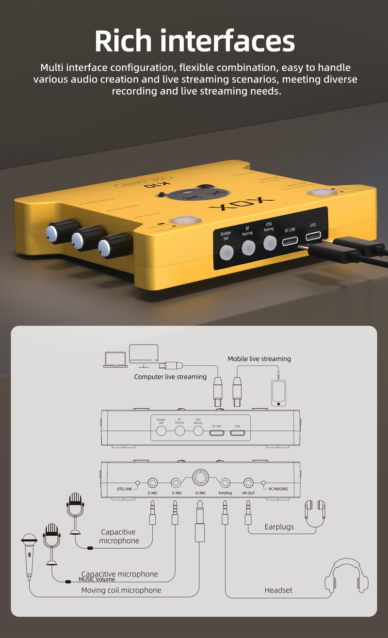 XOX K10 15TH live streaming audio interface for gaming recording bubbing teaching and k song. Stream sound card with 3.5/6.5 microphone,bluetooth and wireless OTG connect.