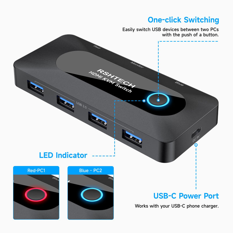 KVM Switch, RSHTECH USB Switch with 4K@60Hz HDMI and 4 USB-3.0 Ports, for 2 Computers Share Keyboard Mouse Printer and one HD Monitor with 2 USB-A Cables and 2 HDMI Cables 2 IN 5 Out HDMI Switch