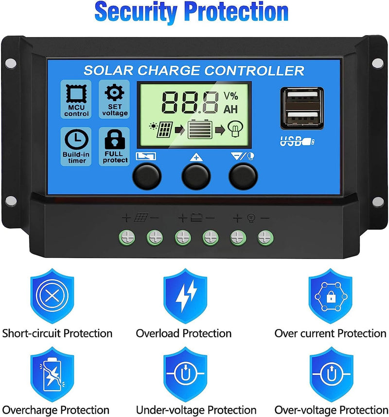 [Upgraded] 30A Solar Charge Controller, 12V/ 24V Solar Panel Regulator with Adjustable LCD Display Dual USB Port Timer Setting PWM Auto Parameter