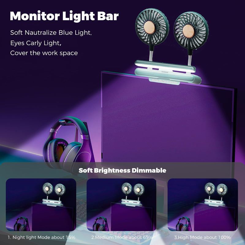 Reading stand Lamp Light Bar with Fan Two-Head Personal Cooling Quiet USB Fan Flip-Open light, Level 3 brightness light, 3 Wind Speed for Working/Self Broadcasting (Forest Green) Forest Green