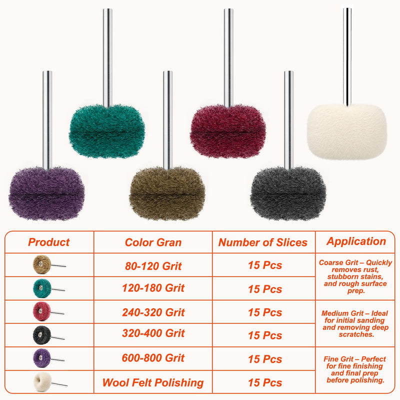 90 Pieces 25mm Sanding Discs & Wool Felt Polishing Pads Set for Dremel - 3mm (1/8") Shank, Includes 15 Wool Felt Polishing Discs, for Sanding and Polishing Metal, Wood, Wheel Hubs Mix 90pcs