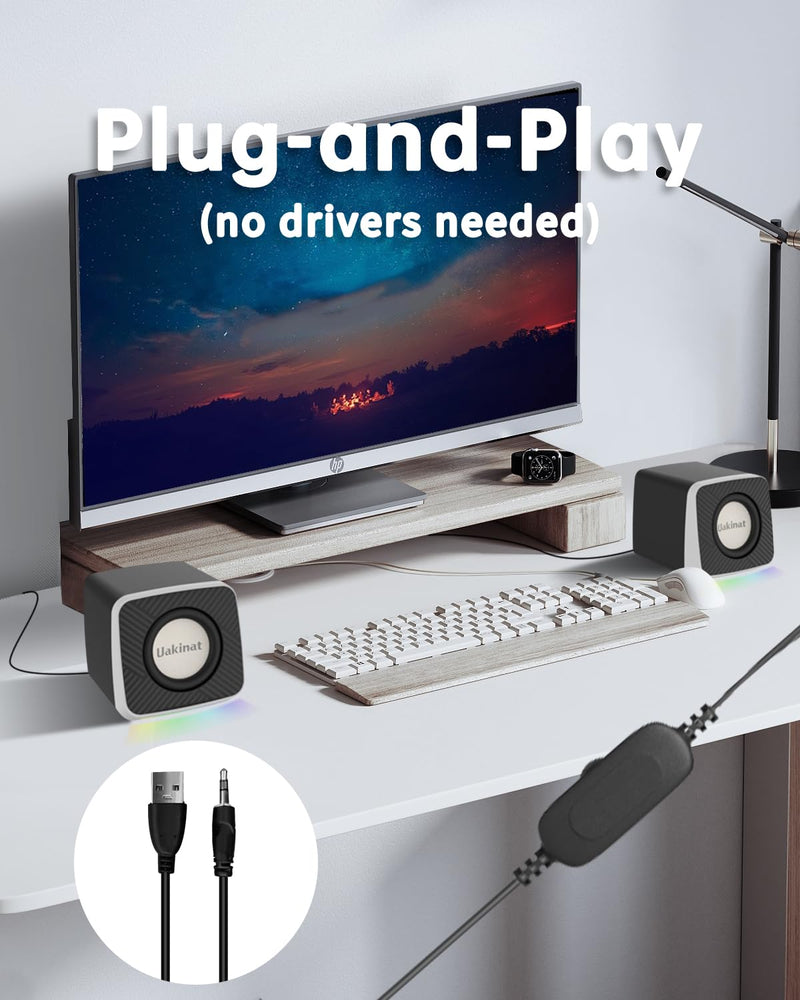 PC Speakers 2"–3W Carbon Fiber Computer Speaker for Desktop or Laptop PC,USB C/USB-Powered,Crystal Clear Sound,Rich Bass,Loud Volume,Direct Control,Plug-N-Play,Black-Silver