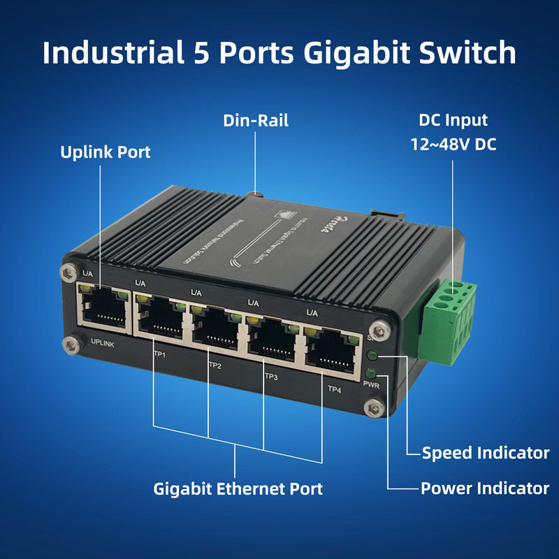 Mini Industrial Gigabit Ethernet Switch,Unmanaged Ethernet Network Hub Switch with 5 x RJ45 Port 10/100/1000T,12~48VDC,Support 802.3X Flow Control,Half/Full Duplex,Din-Rail/Wall Mount LNK-IMC005G