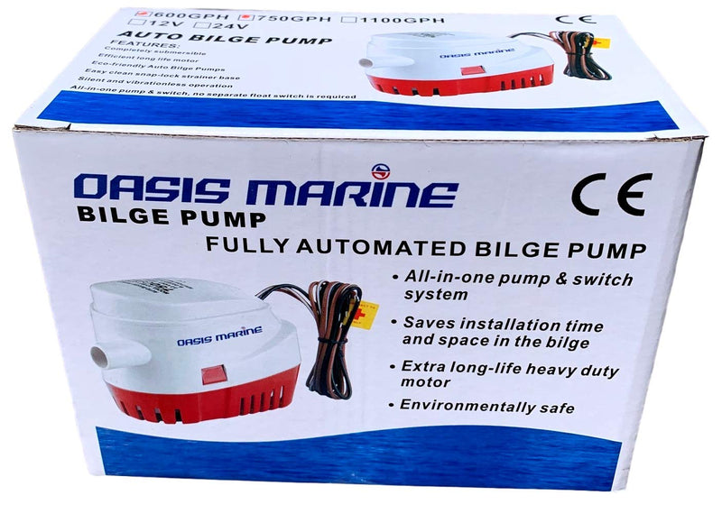 OASIS MARINE Automatic Bilge Pump with Built-in Float Switch 750 GPH 12V Water Removal Pump, Stainless Steel Shaft, Snap-Lock Strainer Base, Quiet Operation, 3/4" Hose Outlet