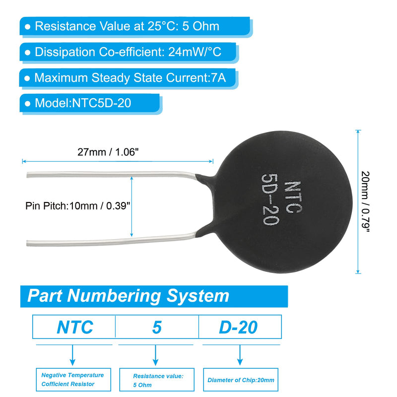 PATIKIL 5Stk NTC Thermistors resistors 5 Ω NTC5D-20 Black | High sensitivity current limiter temperature sensor, for measuring temperature