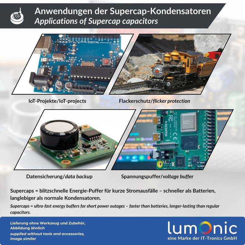 Lumonic 5 x Supercap 0.1F 5.5V C-Type | Direct-to-Use EDLC, High Capacity | 5.5V Monoblock - No Balancing Required | Flicker Protection, Backup, PLC Heating C-type (5x) 0,1F