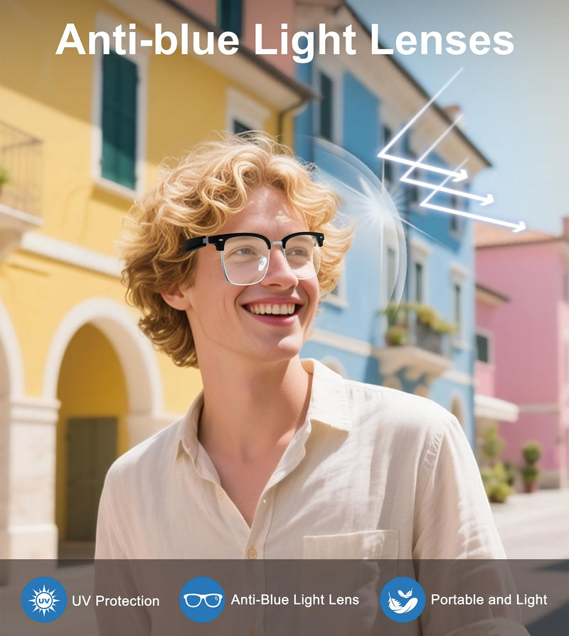 Smart Glasses for Men & Women, Built-in Mic & Speakers Bluetooth Audio Glasses, Blue Light Filter & Polarized UV 400 Protection Lenses Open-Ear Bluetooth Sunglasses for Android iOS, Half Frame Half Frame Clear Lenses Black