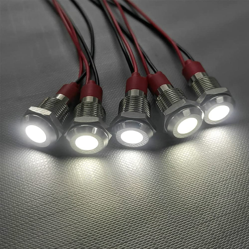 Gebildet Pack of 5 10mm 3V-4.5V-5V-6V-7.5V-9V LED Metal Indicator Light Waterproof Signal Lamp Pilot Dash with Wire (White) White (10mm)