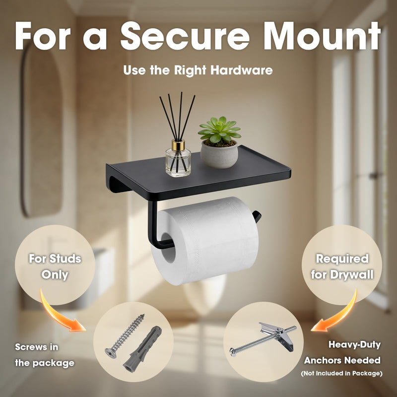 TRUSTMI Toilet Paper Holder with Phone Shelf Solid Metal Bathroom Hardware Accessories Tissue Roll Dispenser Storage Wall Mounted, Matte Black 7.1" x 4.3"