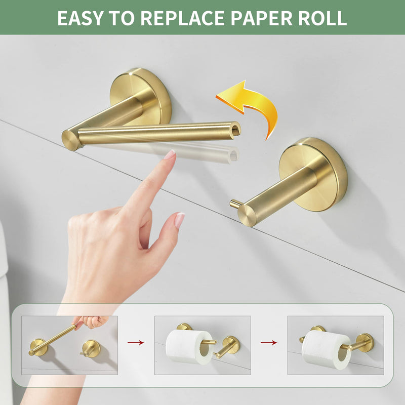 BATHSIR Brushed Gold Toilet Paper Holder & Hand Towel Holder Wall Mount 2 Pieces, Double Post Pivoting Round Modern Bathroom Hardware Towel Ring Toilet Tissue Holder, Bathroom Accessories Set Gold 1