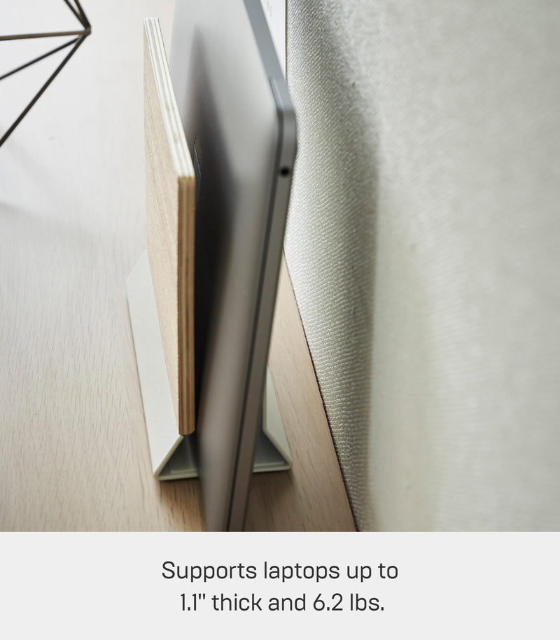 Yamazaki Home Rin Portable Laptop Holder Stand for Desk in Bedroom Or Office, Wooden Storage Station - Steel + Wood Walnut