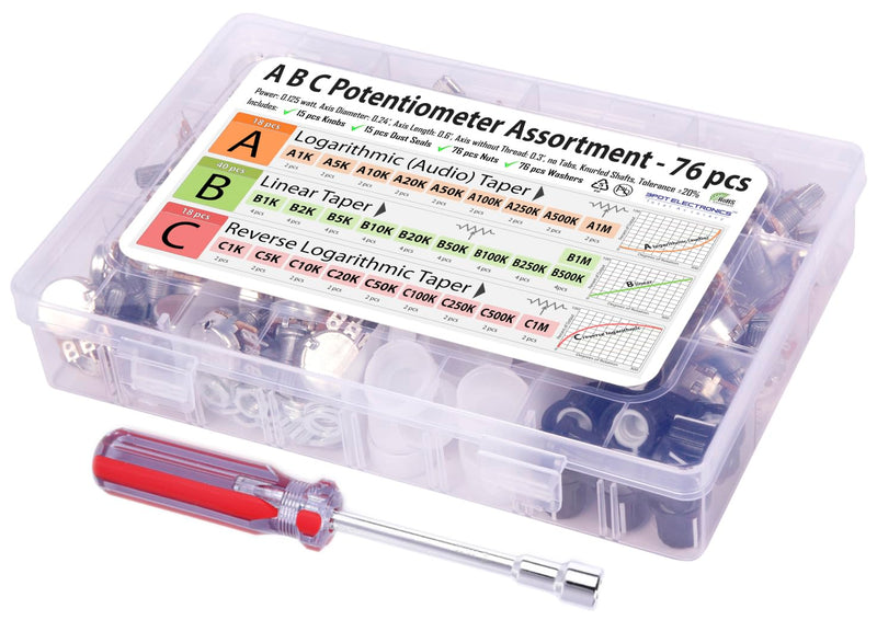 76 pcs A B C, Logarithmic, Linear, Reverse Log. 1K, 2K, 5K, 10K, 20K, 50K, 100K, 250K, 500K, 1M Potentiometer Pot Assortment