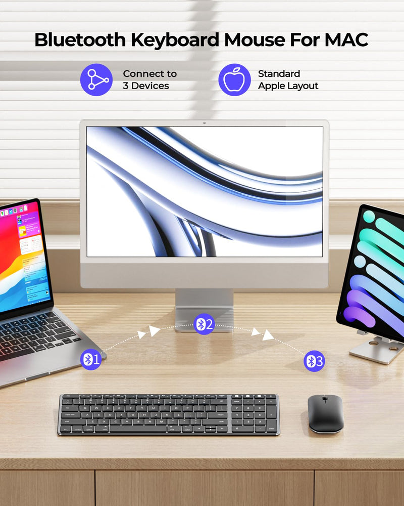 Wireless Bluetooth Keyboard and Mouse for Mac, Multi-Device Rechargeable Slim Keyboard and Mouse Stainless Steel Full Size, Compatible with MacBook Pro/Air, iPad, iMac - Space Gray