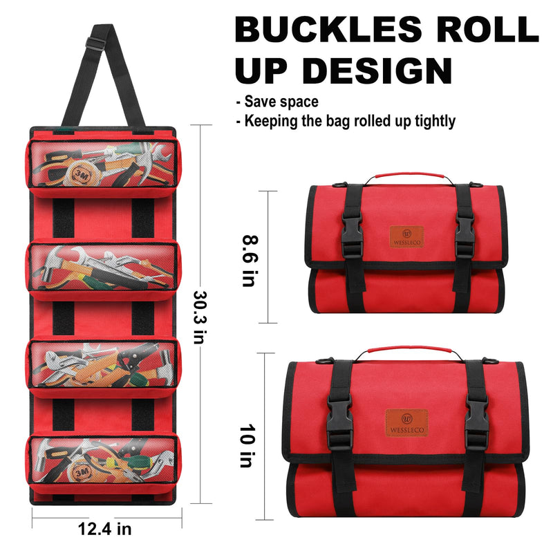 Canvas Tool Roll Up Bag, Multi-Purpose Wrench Organizer, Hvac Tool Bag with 4 Pockets (Red) 4 Zipper Pockets Red