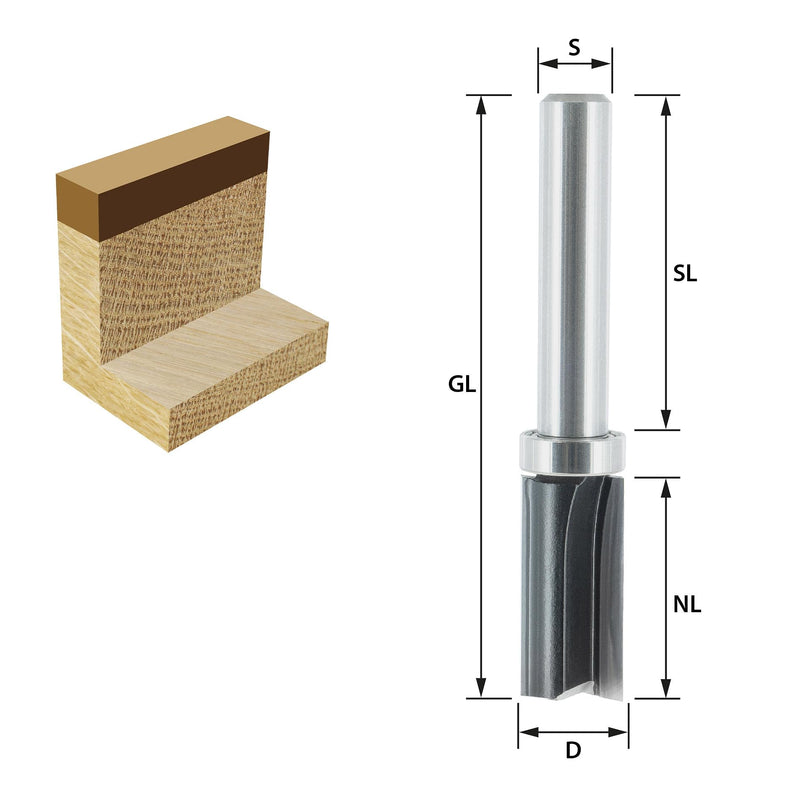 ENT 11652 flush cutter HW, shaft (S) 8 mm, diameter (D) 12 mm, NL 25 mm, SL 38 mm, GL 68 mm, with ball bearing on the shaft D=12 / NL=25 / GL=68