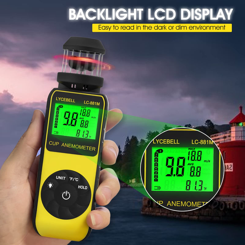 Anemometer Handheld LC-881M Portable Anemometer Wind Speed Meter Measures Wind Speed/Temperature with Compass, 360° Wind Direction Wind Cup Anemometer