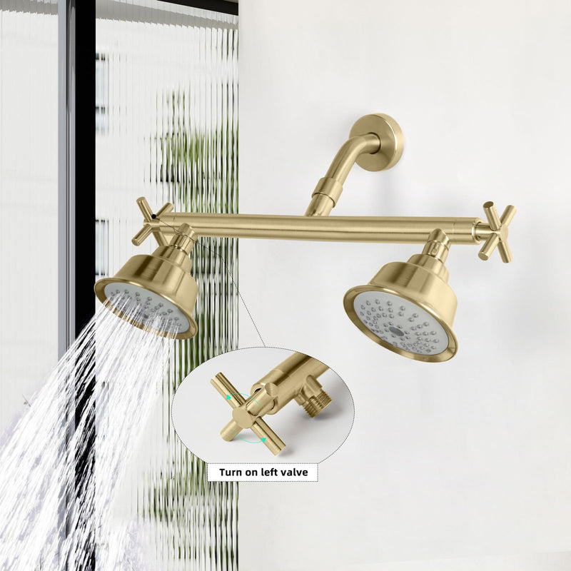 Shower Head Manifold with Double Outlet and Shut Off Valves for Dual Sprayer Showering System,Can Connect Two Showerheads,Brushed Gold，STG04-LL 11.8-inch Brushed Gold