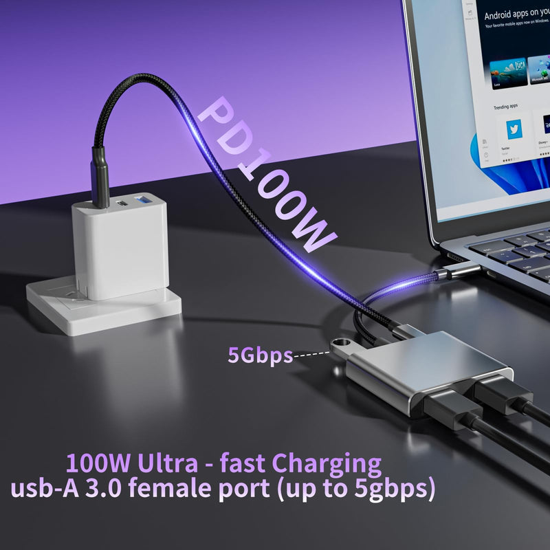 USB C to Dual HDMI Adapter | 4K@60Hz HDMI Splitter Extended Display for Dual Monitors, Multi-Monitor Adapter with USB and 100W PD, Windows Allows 3 Separate Screens, macOS Only Allows Mirror Mode