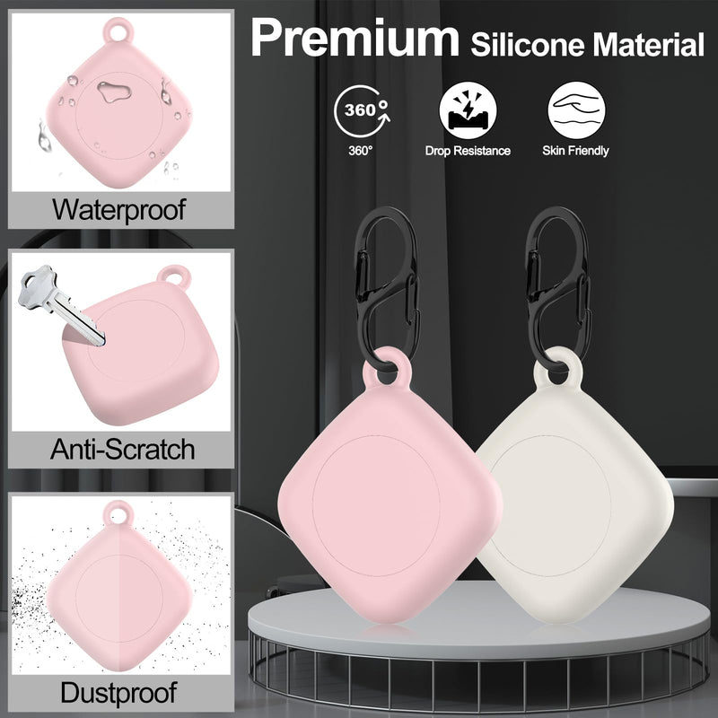 [2 Pack] for Tile Mate Case 2022 with Waterproof Cover, Soft Silicone Case for Tile Tracker, Full Body Protective Cover for Tile Mate Holder, Hidden Tile Key Finder with Carabiner (Off White+Pink) Off White+Pink