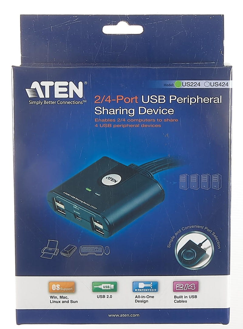 ATEN US224 2 x 4 USB 2.0 Peripheral Sharing USB Switch 2 Computers Share 4 Devices Simple Remote Port Selector Included Supports Optional USB Power Adapter - Windows Mac Linux