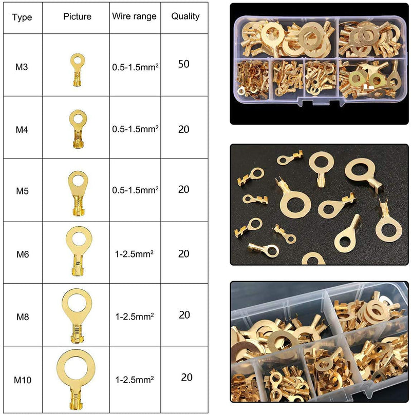 150 pieces ring cable lug set, JatilEr ring cable lug set brass ring cable lugs ring terminals made of copper non-insulated terminal connector assortment kit M3 M4 M5 M6 M8 M10