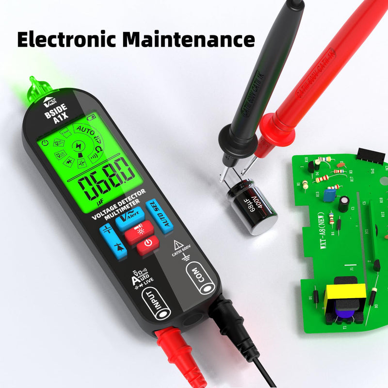 BSIDE Digital Multimeter Tester Rechargeable Electrical Voltmeter, Smart Mode with Red & Green Backlight, Measures Capacitance Diode Ohm Continuity V-Alert DC AC Voltage with Carrying Case A1X with Bag