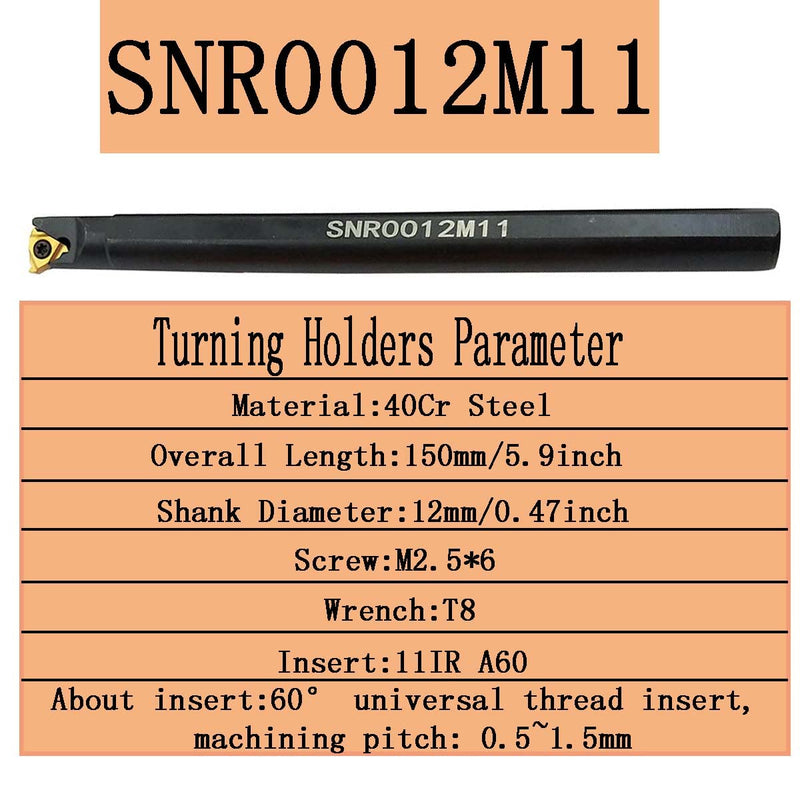 SNR0012M11 + SNL0012M11 Internal and external tap, turning tool holder with 5 pieces 11IR A60 + 5 pieces 11ER A60 threading inserts.