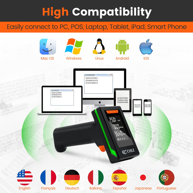OBZ 2D Bluetooth Barcode Scanner with Large Screen, Compatible with 2.4G Wireless & Bluetooth & USB Wired, Connect Smart Phone, Tablet, PC, Wireless QR Code Scanner Work with Windows Mac iOS Android