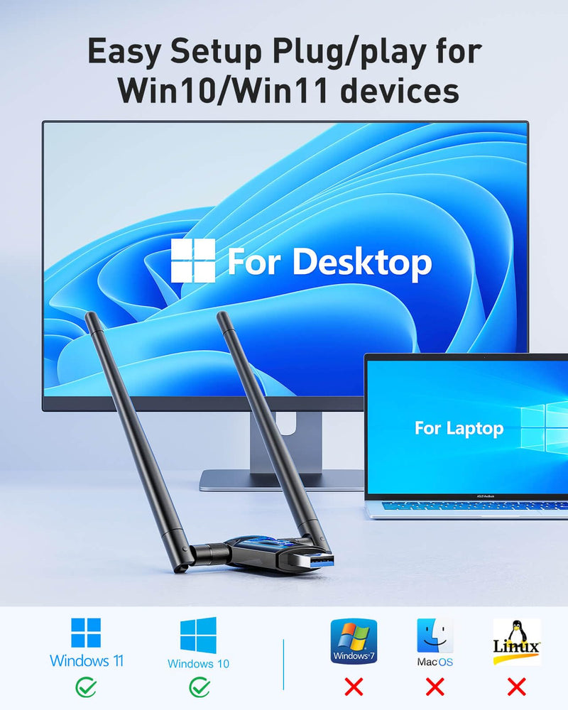 USB WiFi Adapter for Desktop PC - Nineplus 1800Mbps 5.8G/2.4G Wi-Fi 6 USB 3.0 Wireless Adapter with 2x5dBi Antenna WiFi Dongle for Desktop PC Laptop 802.11ax Internet Network Card for Win11/10