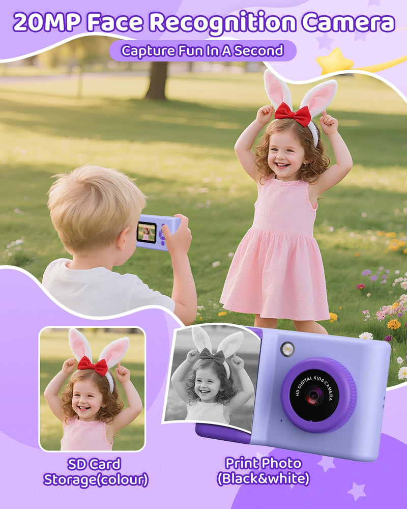 Kids Camera Instant Print, 20MP 1080P Video Instant Print Camera for Kids with 32GB SD Card, 240 Photos Printing, Face Recognition, ABS Durable, Christmas Birthday Gifts for Ages 3-12 Purple