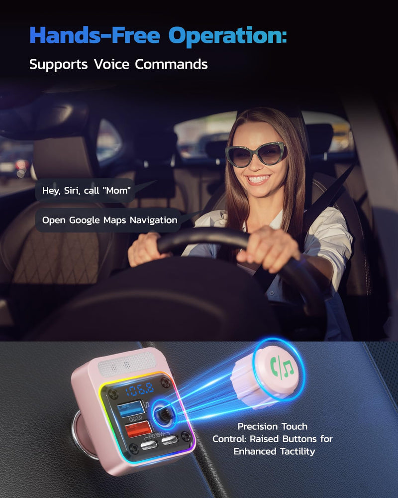 Nulaxy 54W Bluetooth 5.3 Car Adapter with 4 Charging Ports [PD 36W & QC3.0 18W], Wireless Radio FM Transmitter with Deep Bass Player & 5 Colors LED Backlit, Hands-Free Calling - NX16 Pink E-Pink