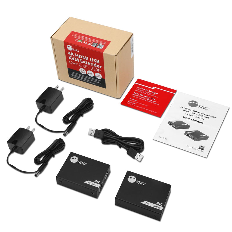SIIG 4K HDMI USB KVM Extender Over CAT6-1080p (230ft) & 4K30Hz (130ft) - Balun Extender - 2 USB-A - Zero Latency - No Driver - Plug & Play - Keyboard & Mouse USB Extender (CE-H28411-S1)