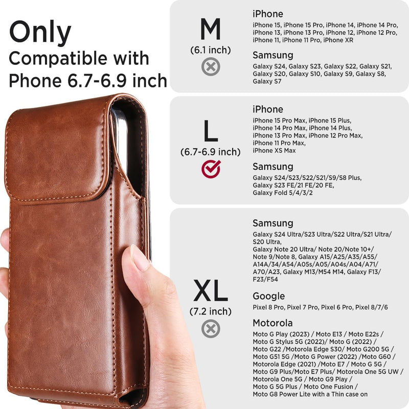 Miimall Leather Phone Belt Holster with Belt Clip, Belt Phone Case for iPhone 15 Pro Max 15 Plus 14 Pro Max 13 Pro Max 12 Pro Max 11 Pro Max XS Max, Galaxy S24 Plus S23 Plus, Coffee-Large Large