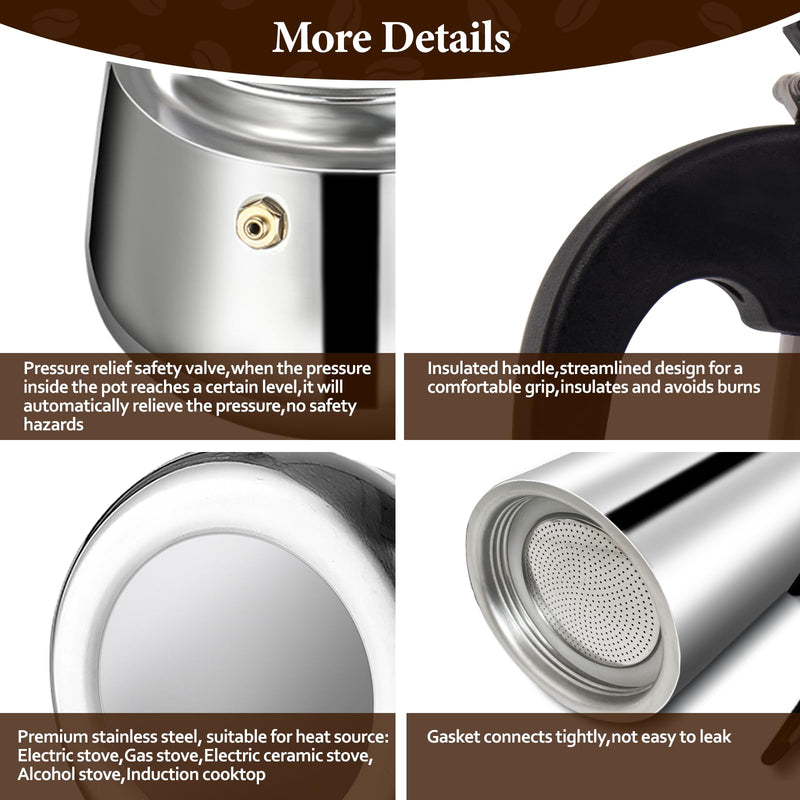 2 Cup Moka Pot Percolator Italian Coffee Maker 100ml Stovetop Espresso Mocha Stainless Steel Greca Coffee Maker Classic Cafe Makers Suitable for Induction Cookers Ceramic Stoves Straight 2 Cup 100ml