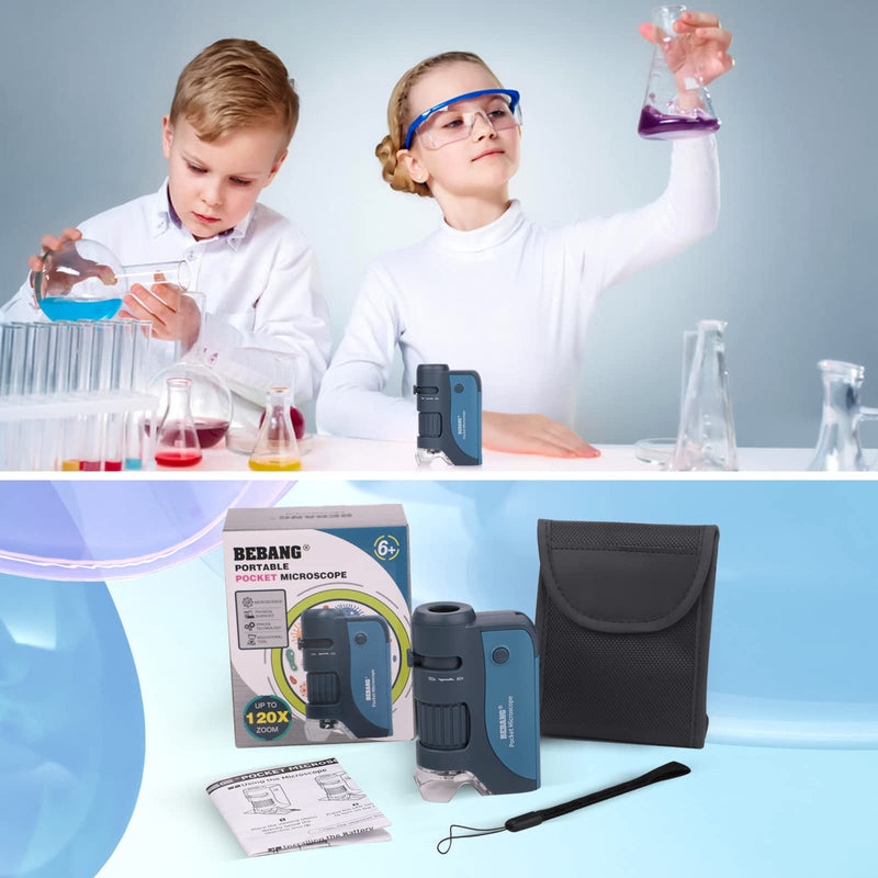 BEBANG Pocket Microscope for Kids, Handheld Mini Microscope with LED, 5 Prepared Slides, 60x-120x Portable Microscope for Kids Students Microbiological Observation Preschool Study 120X