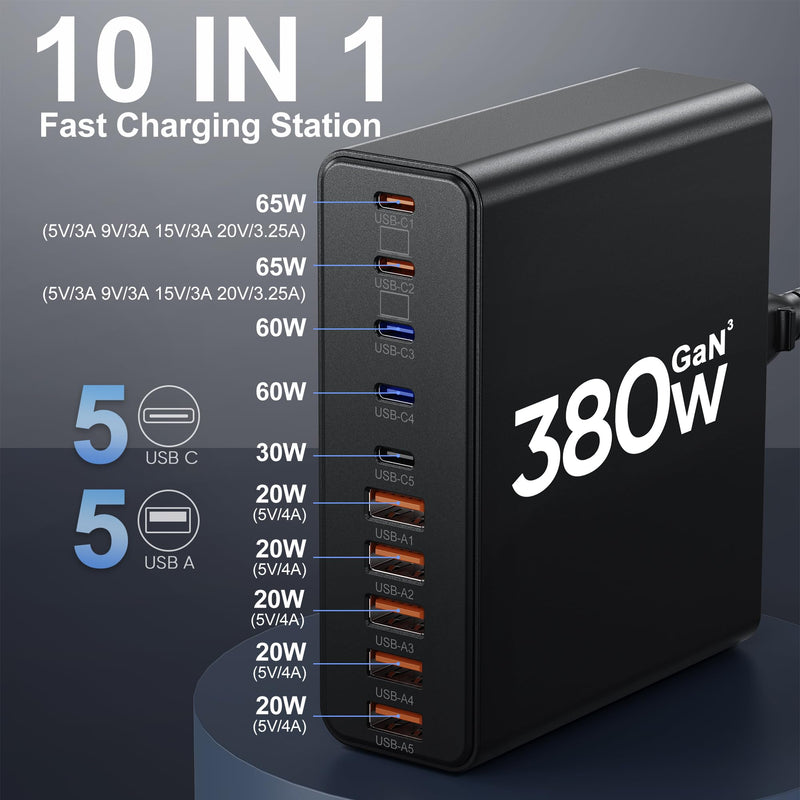 380W USB C Charger,10-Port USB C Charging Station GaN III Fast Charging Station Hub Laptop Adapter for MacBook Pro/Air,iPad,iPhone,Dell XPS,Samsung Galaxy(Black)