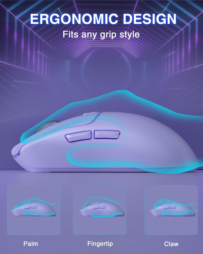 AULA SC580X Wireless Gaming Mouse, Tri-Mode 2.4G/BT5.0/USB-C Gaming Mouse, 10000 DPI Rechargeable Wireless Mouse with 6 Programmable Buttons, Ergonomic Computer Mouse for Laptop/PC/Mac/Tablet Light purple