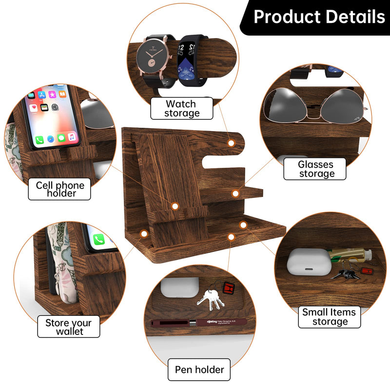 Birthday Gifts for Men Wooden Phone Docking Station Organizer Dad Birthday Nightstand Organizer Desk Wood Gifts Valentines Day Gifts brown