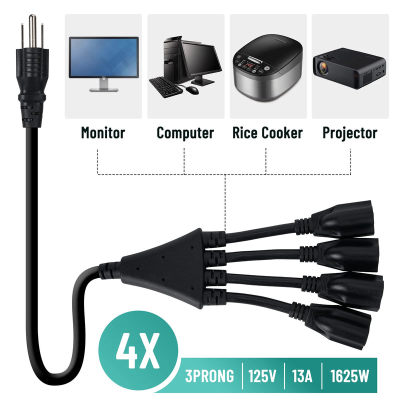 4 Way Power Cord Splitter Cable (3 Pack)-3 Prong 1 to 4 Extension Cord-Outlet Saver-Elecan Male to Female Y Splitter Power Extension Cable Strip–UL Certified SJTW 16 Gauge 13 A/125 V–1.5 Feet Black 3 PACK 1.5 FT