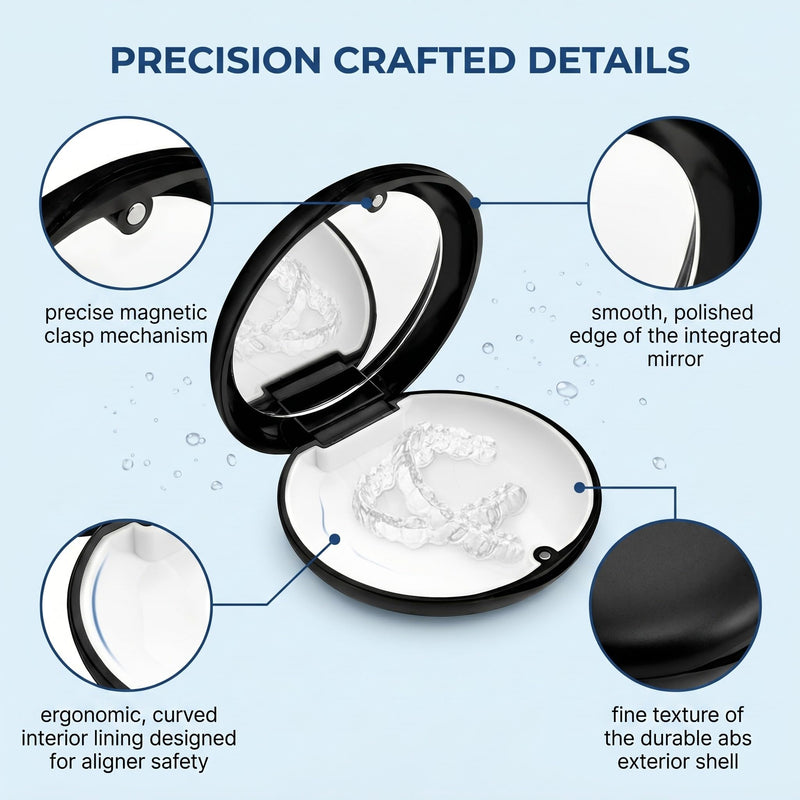 Magnetic Braces Box with Mirror, Orthopedic ABS Retainer Storage Box for Braces and Retainers, Denture Protection Container, Black