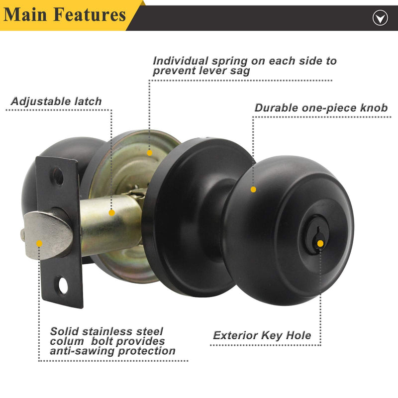 Probrico Black Entry with Key Door Lockset Knobs Flat Ball Keyed Entrance Lock Knobs 1 Pack