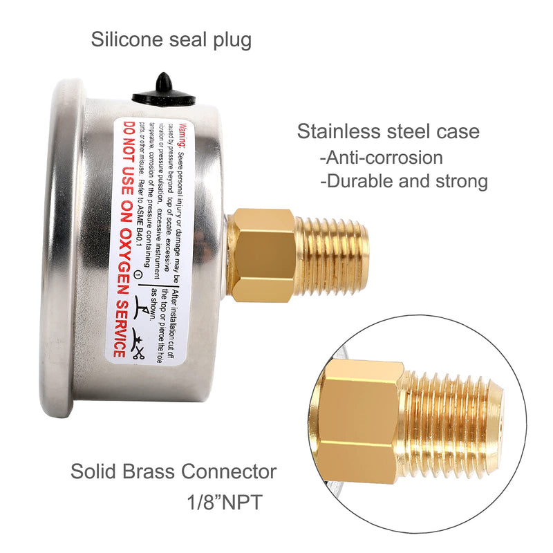 Glycerin Filled Pressure Gauge with 304 Stainless Steel Case, 1-1/2" Dial Size, 0-15Psi/Bar, High Accuracy, 1/8"NPT Center Back Mount…
